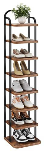 Dripex Vertikales Schuhregal mit 8 Ebenen, Schuhablage schmal Metall, Verstellbar Ablage, platzsparend für Eingangsbereich Wohnzimmer Schlafzimmer Flur, Vintagebraun-Schwarz