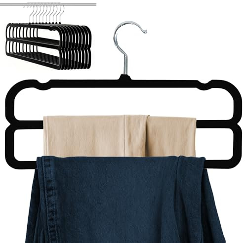 Velvet Trouser Hangers 10 Pack,Black Double Layer with 360° Swivel Hook | Non slip felt pants hangers 2 Tier,space-saving structure for jeans, slacks, shorts and dresses to tidy up closet space.