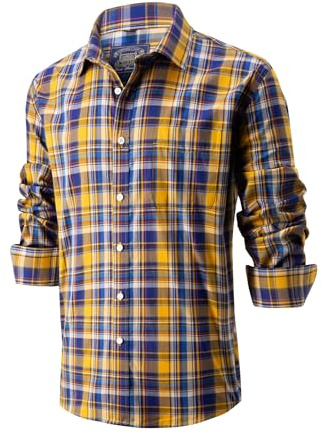 Lonvera1840 Men’s 100% Cotton Plaid Shirt, Long Sleeve Regular Fit with Pocket, Classic Tartan Check, Smart Casual Shirt for Work & Weekend, S–4XL (Yellow)