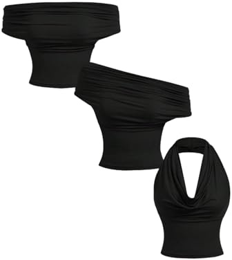 GORGLITTER Top de fiesta para mujer, sexy, con cuello halter para salir, parte superior con hombros descubiertos, top de verano, 3 posibilidades, traje de Nochevieja, Negro , L