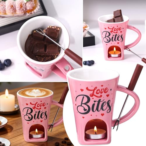 Set di tazze di fonduta di cioccolato in ceramica, 200 ml, tazza di fonduta di cioccolato, tazza di fonduta di cioccolato rosa con forchetta e tealight, per San Valentino, fonduta di cioccolato, burro