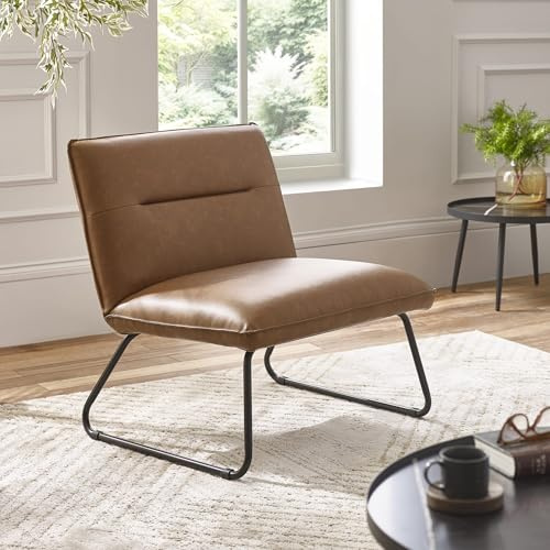 Julian Bowen Saxon Brown Accent Chair, Tan Faux Leather Padded Lounge Chair with Metal Cantilever Base - 74 x 71 x 69cm | Industrial Style Lounge Chair for Living Room, Faux Leather, Deep Seat, Reclined Back, Sturdy Cantilever Base