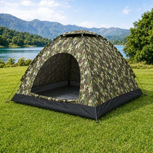 D.I.L 4 Person Camouflage Camping Tent, Waterproof, Portable Outdoor Dome Shelter, Hiking, Festival, Fishing, with Carry Bag, 208x208cm