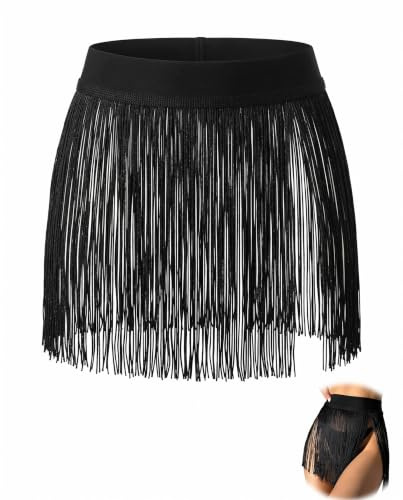 KRVNTH Jupe à Franges Femme Noir Taille S – Mini-Jupe Danse Latine Samba, Coupe Fluide pour Maximiser Le Mouvement, Parfaite pour Club, Festival et Soirée Thématique.