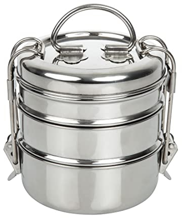 Utopia F91133 Poêles/Seaux et casseroles en acier inoxydable, Présentation, 3 étages Tiffin Box, 10,8 cm, 11 cm, H : 19,1 cm, 19 cm (lot de 6)
