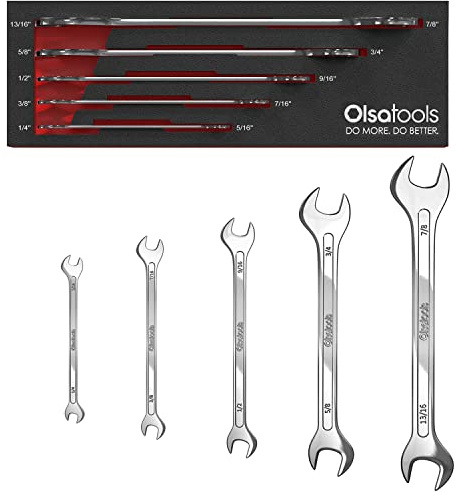 Olsa Tools 5-Piece SAE Slim Profile Wrench Set - Dual Open End Flat Spanner Kit - Thin Compact Wrenches for Mechanics - Durable Steel Tool Set - Part 1254