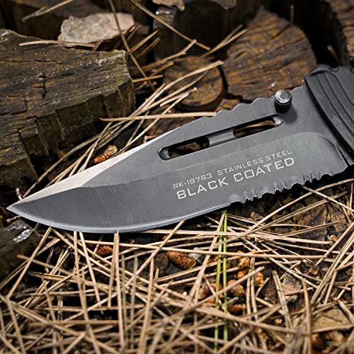 TS Couteau | K25 Couteau pliant noir | Couteau de poche pour hommes et femmes | Lame noire en acier inoxydable de 9 cm | Couteau de survie pour la pêche, la randonnée, le camping