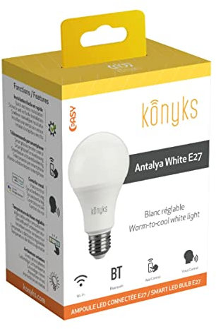 Konyks Ampoule connectée Antalya White E27 - LED WiFI + BT, 780 Lumens, 9 W, Blanc réglable, compatible avec Alexa ou Google Home, Automatisations faciles