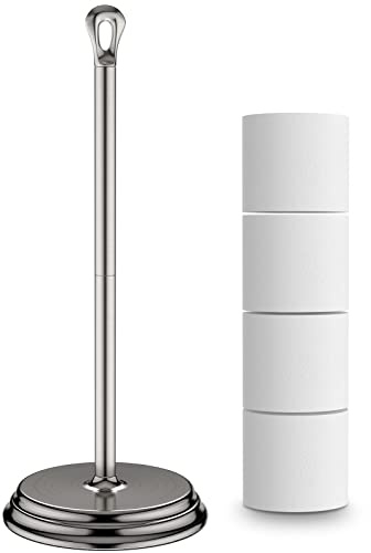 KASUNTO Toilet Paper Holder with Rustproof, Metal Free Standing Toilet Paper Stand Storage for Bathroom, Tissue Paper Roll Holder for Bathroom Accessories (Brushed Nickel)