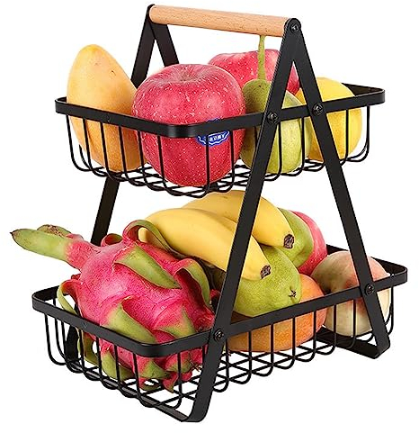 JUVEL Corbeille a fruit Panier de rangement de cuisine amovible à 2 niveaux Manche en bois stockage corbeilles à pain pour cuisine Organisateur Collations et Légumes