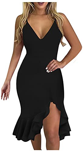 omlottklänning dam sommar sexig, cocktailklänning dam svart tight volangklänning asymmetrisk hem sommarklänning volanger fåll sida delad miniklänning aftonklänning spaghetti rem balklänning bandeau