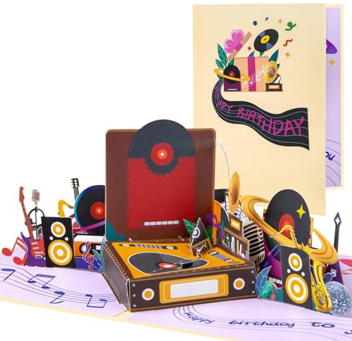 Magic Ants 3D Pop-Up Music Birthday Card – Musical Instrument Card with Record Player, Guitar, Saxophone, Disco Ball, Birthday Greeting Card for Music Lovers, Musicians, DJs, Kids, Teens, and Adults