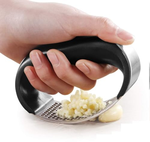 CHFEZOCO Prensa ajos, Triturador de ajos, Machacador de ajos, Aplastador de ajos, Prensador de ajos, picadora de ajo, Picador de ajos, utensilio de Cocina, Acero Inoxidable y mango plástico, 11.5 cm