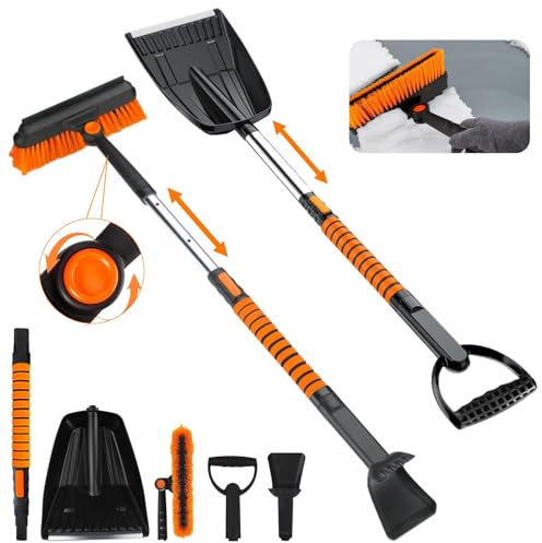 BGTLJKD Eiskratzer Auto, 5 in 1 Eiskratzer Auto mit Besen und Schneeschaufel, Ausziehbare Schneebesen Auto, 270 ° Drehbarer Bürstenkopf, Schnee-Eisentfernung Scheibenkratzer Auto für LKW SUV