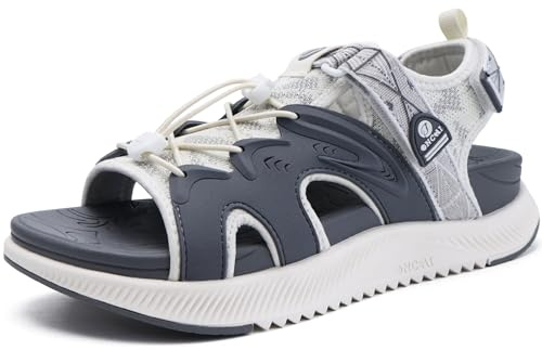 ONCAI Sandales Femmes 2025,Randonnée de Sport, Semelle Extérieure Orthopédique Pour Fasciite Plantaire Soutien de voûte, Sandales pour Femmes Réglables Lacets Autobloquants Gris/Blanc Taille 40