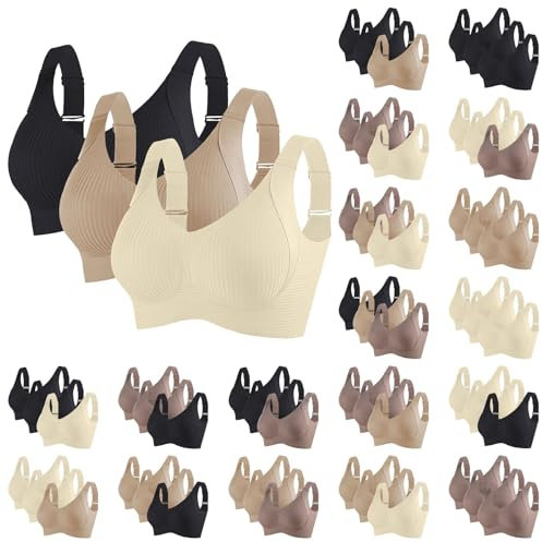 3 Pieces Sports Bras for Women Full Coverage Ribbed Seamless Bralettes Soft Breathable Lingerie Ladies Bra Adjustable Leisure Stretch Everyday Bra Underwear Plus Size Comfort Non Wired Bras