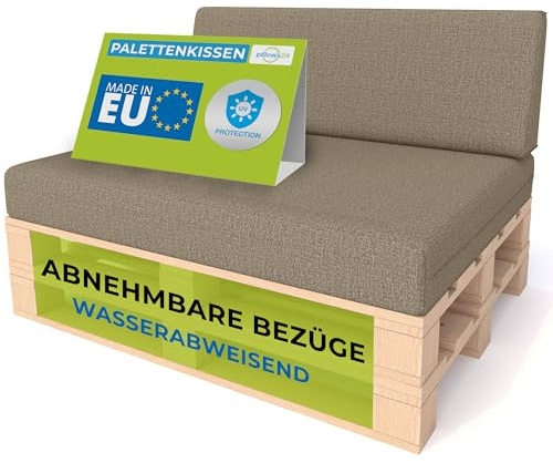 Pillows24 - Palettenkissen 2-teiliges Set | Palettenauflage für Palettensofa | Rückenkissen & Sitzkissen für Europaletten | Palettenmöbel für Indoor & Outdoor + UV-beständig | Made in EU | Cappuccino