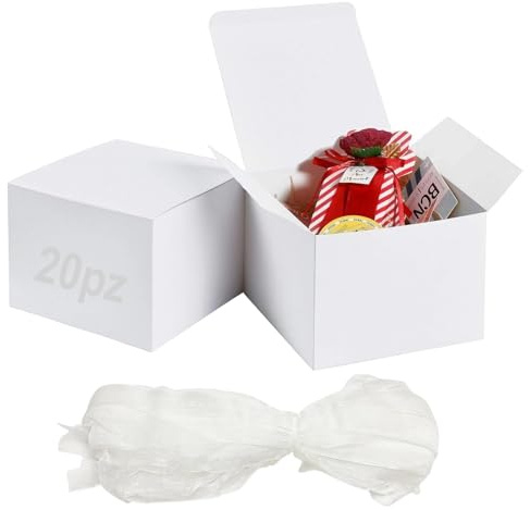 Festa Centro Scatoline Regalo Kraft Quadrate Bianche (20x20x15 cm) 20 Pz con 20 Nastri - Scatola Cartone con Coperchio Facile da Assemblare per Bomboniere, Compleanni e Matrimoni