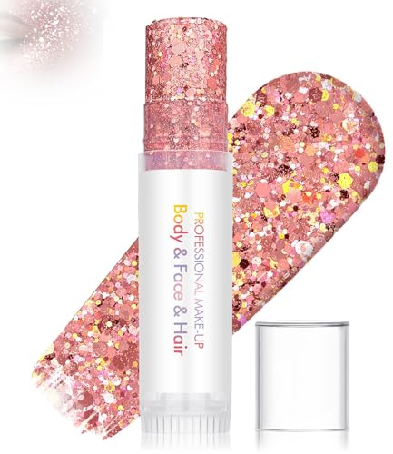 Rose Gold Chunky Glitter Stick for Face Body Hair – Holographic Festival Makeup with Easy Application, Long Lasting Sparkle Shimmer Gel for Women – Ideal for Birthday Party Rave Halloween Christmas