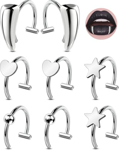 OUFER 8PCS Faux Piercing Lèvre 316L Acier Chirurgical Anneau Labret pour Lèvre Inférieure Adjustable Kit Bague Dent de Vampire Bijoux Faux Piercing Bijou Non-Piercing pour Femmes Hommes
