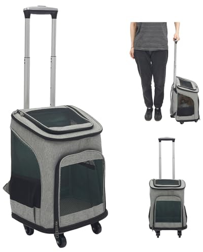 Transportín para perros con ruedas, plegable, mochila para gatos con mango telescópico, cajas de transporte para gatos grandes y perros pequeños con malla transpirable, mochila para mascotas de hasta
