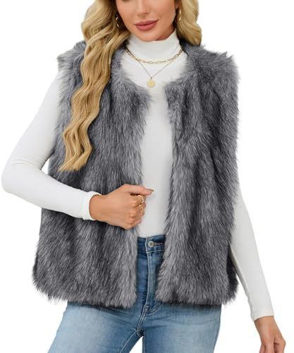 YuanDiann Chaleco de piel sintética para mujer, para otoño e invierno, informal, de piel sintética, sin mangas, elegante, cuello redondo, chaleco de piel sintética cálida, regalo para mujer, gris, XL