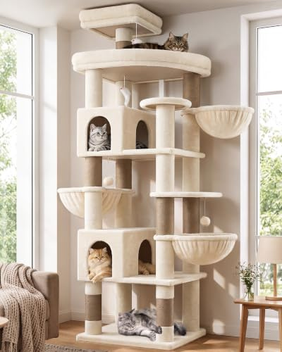 Globlazer klösträd XXL 209 cm högt med 2 katthus, stor vadderad plattform 55 x 45 cm, 3 korgar, sittstänger, lyx kattträd, stabilt för stora katter, flera katter att vila (S82, beige)