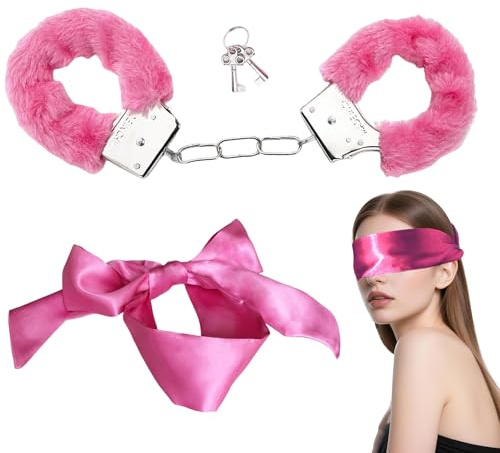 1Set Fluffy Handcuffs and Blind Folder Set with 2 Keys Durable Comfortable Cosplay Handcuffs Prop Dress Ball Party Satin Headband for Women for Sleeping Games Valentine's Gift
