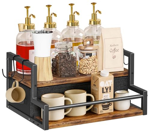 sudatong Organizador de Café con Cajón de Almacenamiento, Estantería de 2 Niveles de Madera para Cafetera y Accesorios - Barra de Café para Cocina, Hogar u Oficina (Marrón)