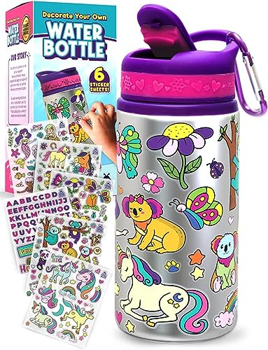 PURPLE LADYBUG Decorate Your Own Water Bottle for Kids Age 5+ - Girls Water Bottles for School - BPA-Free Personalised Bottle with Waterproof Stickers, Girls Birthday Presents, Back to School Gift