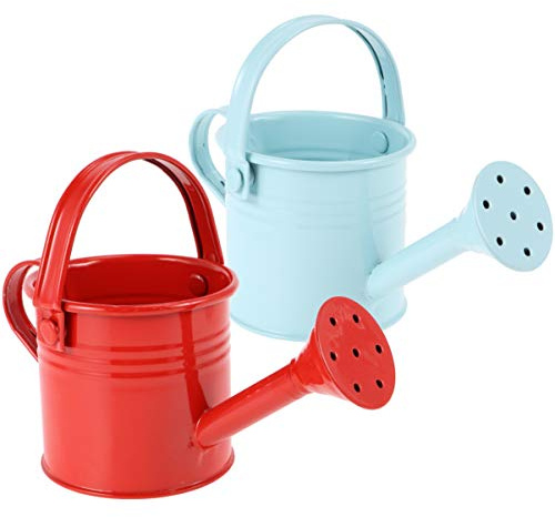 YARNOW 2 Stück Metall Gießkanne Mini Kleiner Garten Gießkübel (Rot, Hellblau)