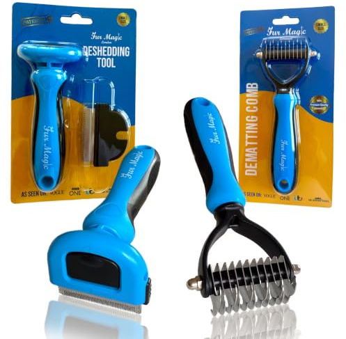 Fur Magic Deshedding Tool & Dematting Comb, Grooming Brushes for Dogs Cats | Small, reduces shedding, removes knots, mats, loose undercoat, skin-friendly, dual sided, safe for short, medium & long hair