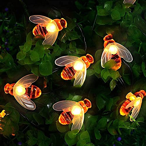[30 LED] Guirlande lumineuse solaire de jardin, guirlande lumineuse abeille de miel, 5 m, 8 modes, étanche, éclairage de jardin pour clôture, pelouse, terrasse, fête,Noël, vacances (blanc chaud)