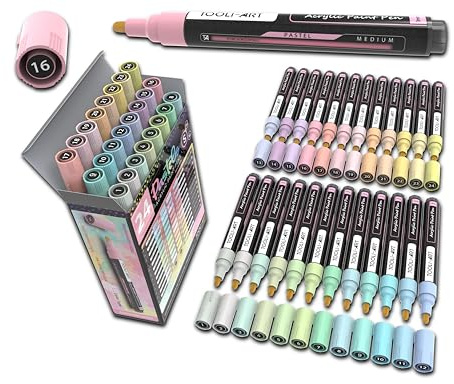 TOOLI-ART Set di 24 pennarelli per vernice acrilica pastello, punta media da 3 mm, per dipingere pietra, vetro, bicchiere, legno, metallo, tela, atossici, a base d'acqua, asciugatura rapida