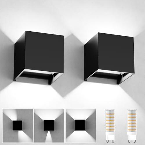 Applique Murale Interieur/Exterieur 2 Pièces, Applique Murale Ampoules G9 Remplaçables LED Murale Lampe IP65 Étanche 6000K Blanc Froid Réglable Lampe Up Down Design Moderne Appliques Murales Noir