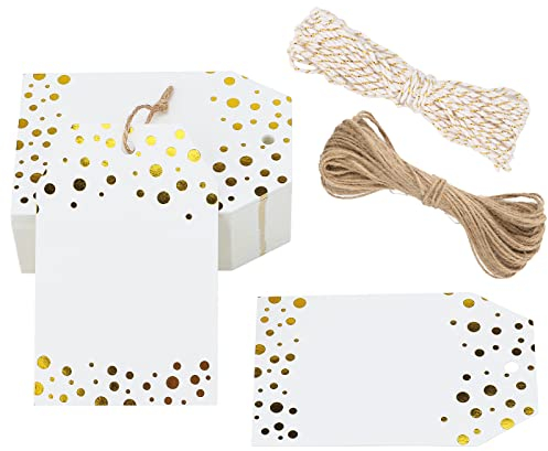 jijAcraft 100 Stück Weiße Geschenkanhänger - Geschenkanhänger Hochzeit mit Folie goldenen punkten - Kraftpapier Anhänger Personalisiert mit Schnur - für Hochzeit, Geburtstag, Baby Shower
