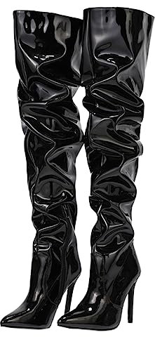 CRETUAO Botas tacón Alto por Encima la Rodilla para Mujer,Botas Altas hasta el Muslo Aguja elásticas con Punta Puntiaguda Sexy,Botas largas con Cremallera Espejo Charol a la Moda,Negro,38 EU