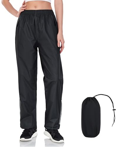 JAEZZIY Women's Rain Pants Waterproof Lightweight Packable Rain Pants Women Windproof Hiking Pants for Outdoor, Fishing (Black L)