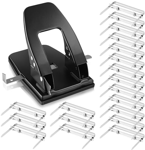 Dreyoo Heavy Duty 2 Hole Punch with 50pcs Paper Fasteners, Paper Two Hole Puncher and Metal Prong Fasteners Combo Set for File Folder, Padded Handle, 30 Sheet Capacity (Compressor)