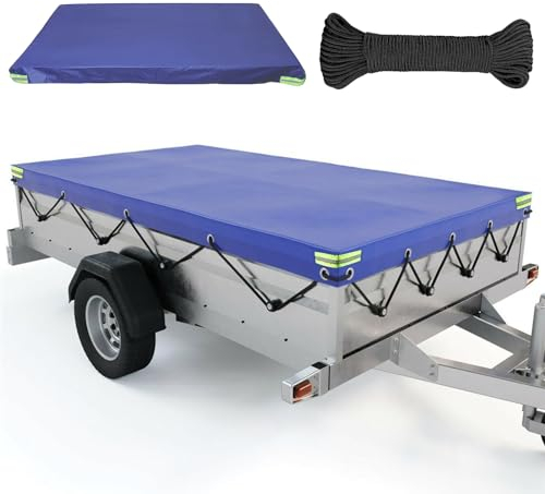 YushengTai Anhänger Plane, 208 x 114 x 13 cm Anhängerplane Flachplane inkl Planenseil, mit Reflektorband, Anhängerplane Flachplane aus Verstärktes PVC für PKW Anhänger 750 kg, Blau