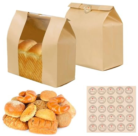 Bolsas de pan de papel para pan casero, bolsas de papel kraft para pan de masa madre, bolsas de panadería marrón con ventana para el hogar, hornear, embalaje, almacenamiento (50)