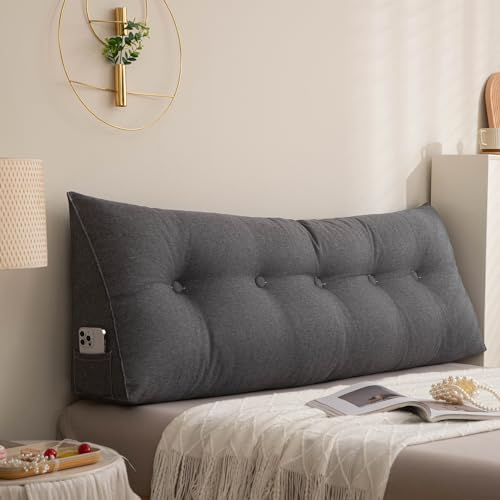 Flachs Rückenkissen Bett, Ergonomisch Keilkissen für Nacken, Schulter, Rücken- und Lendenwirbelstütze, Abnehmbarer & waschbarer Bezug, Lesekissen Rückenlehne zum Lesen, Fernsehen,Dark gray,180CM