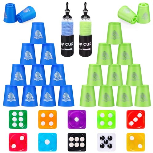 homdat 24 Gobelets Empilables, Gobelets de Sport Rapides (Bleu et Vert) avec Sac de Transport et 10 dés Colorés, pour Jeu D'entraînement de Vitesse, Défi de Vitesse, Compétition, Fête
