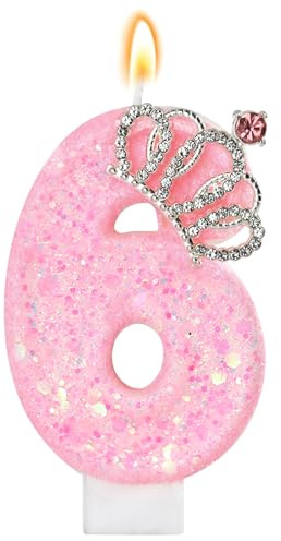 LunarCharm Velas de cumpleaños rosa – Velas con números brillantes para fiesta de 6º cumpleaños con corona, número 6, para decoración de tartas, cupcakes, decoración de fiestas, aniversarios