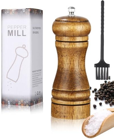 Molinillo Pimienta, Ajustable Manualmente Molinillo Sal y Pimienta, Con Cepillo de Limpieza Pimentero, Wood salt and Pepper Mill, Se Utiliza para Moler Pimienta, Sal Gruesa, Comino, Semillas de Sésamo