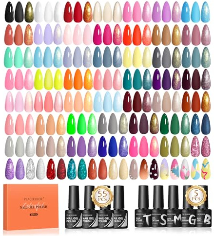 Peacecolor 60PCs Gel Nail Polish Set 55 Colors Gel Polish Kit with Glossy/Matte/Glitter 5Pcs Top Coat & Base Coat Soak Off U V Lamp Glitter Pink White Nail Kit Gifts for Women