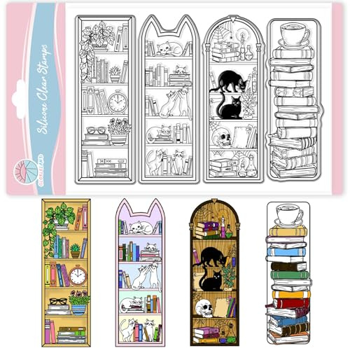 GLOBLELAND Bookshelf Bookmark Clear Stamps for Card Making Magic Bookshelf Lable Silicone Clear Stamps Cats Transparent Stamp Seal for DIY Scrapbooking