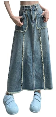 Générique Jupe Jean Genou D'été Taille Haute Casual A-Ligne Légère Et Respirante Rétro Daily avec Poches Adaptée À des Vacances Plage Tour De Taille Elastique Mi-Longue Jupe (Blue-2, S)