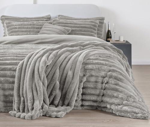 Artistic Fashionista Limited Set di biancheria da letto con copripiumino e federe in pile Sherpa, lussuoso, a coste spesse, super morbido, soffice, in finta pelliccia termica (argento, matrimoniale)
