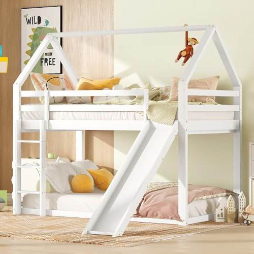 OOIILLEE Lit superposé Bas, Lits Doubles pour Enfants, Cadre en Bois Massif avec Toboggan et échelle pour garçons et Filles (90 * 200cm-Gris)